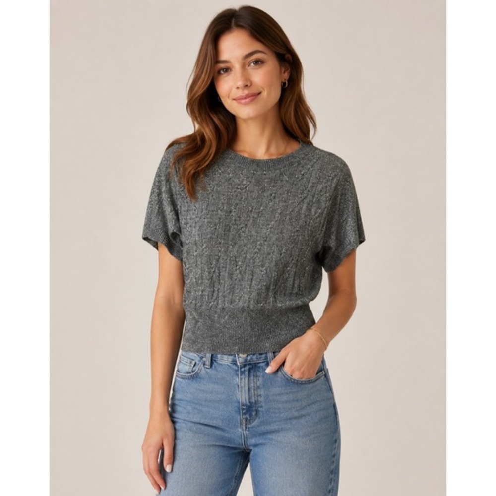 Classiques Entier Sweater Women Sz L Grey Cable Knit Angora Blend Short Sleeve‎